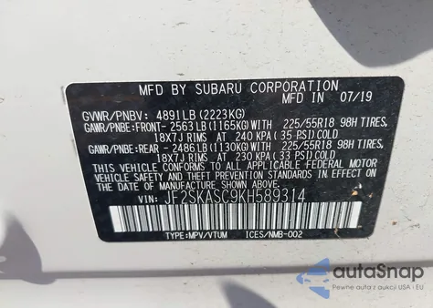 2019 Subaru Forester Limited from USA, damaged, VIN JF2SKASC9KH589314